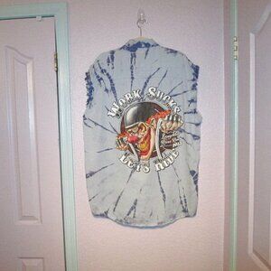 Biker DENIM Sleeveless Size XL SHIRT Button Down POCKETS Let's Ride RIVER RUN